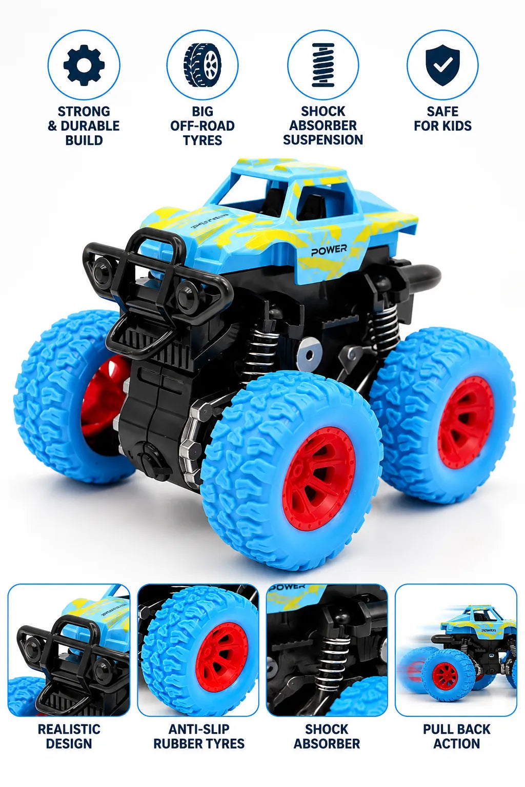 Blue monster truck toy car designed for children's imaginative play.