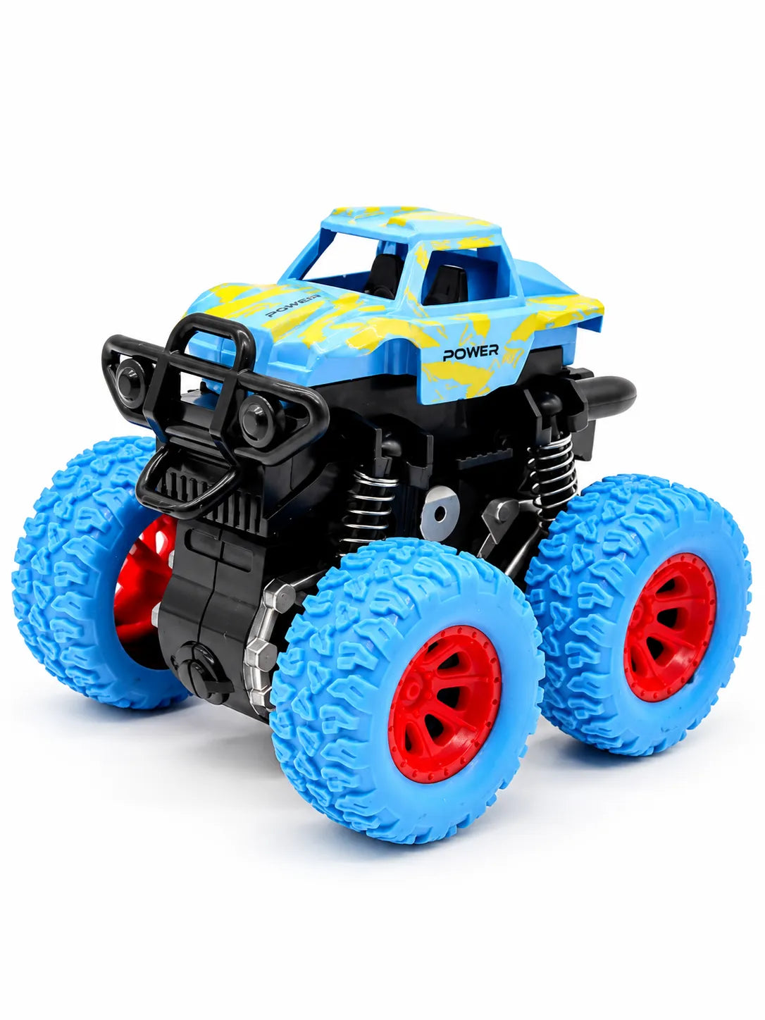 Blue off-road monster truck toy car with chunky wheels on a white background.