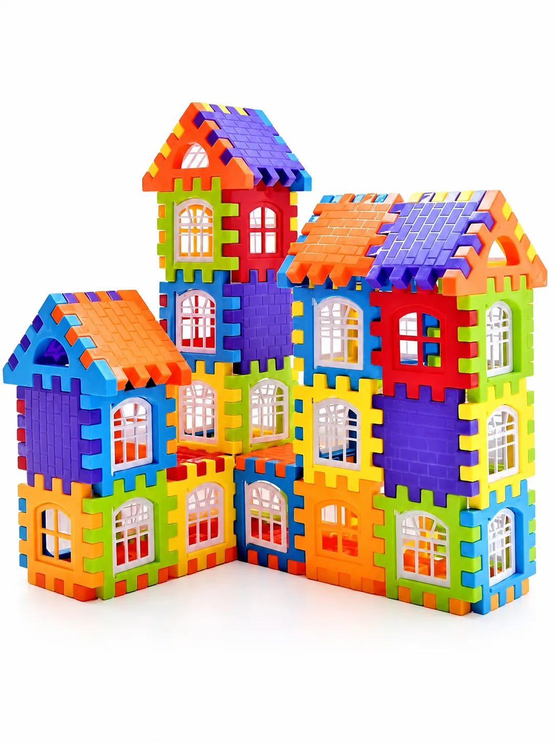 Children's interlocking building toy featuring a colorful castle design with multiple windows.