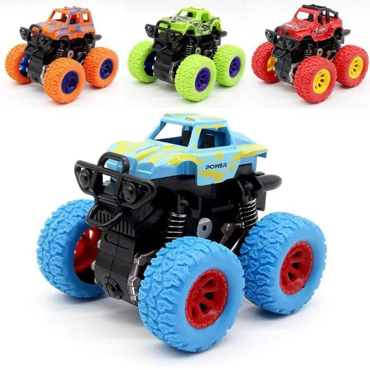 Colorful monster truck toy featuring a blue body, black chassis, and large blue tires.