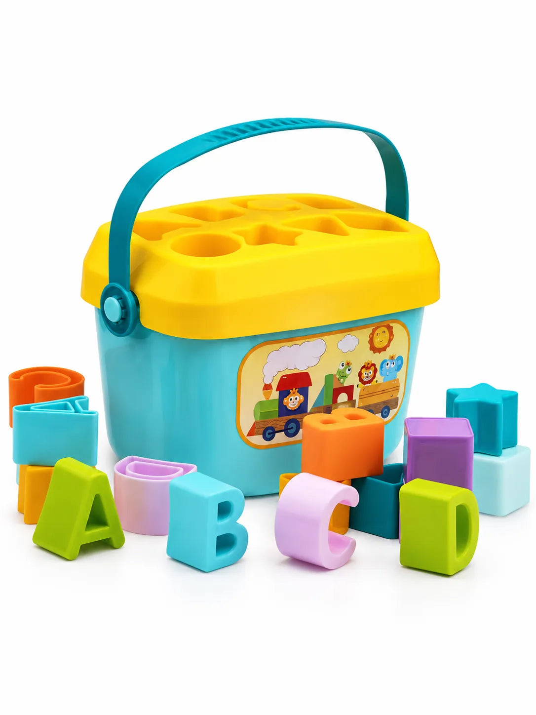 Kids shape sorter bucket with yellow lid, turquoise handle, and colorful alphabet blocks.