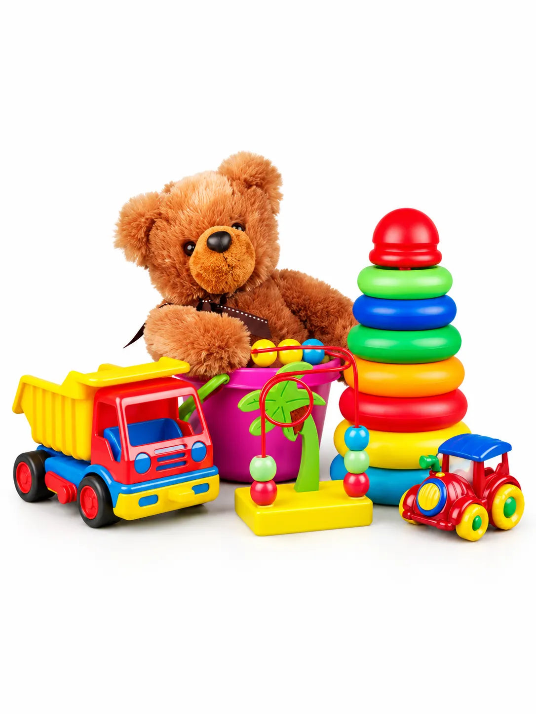 Kids toy gift set featuring a brown teddy bear, colorful dump truck, stacking rings, and bead maze.