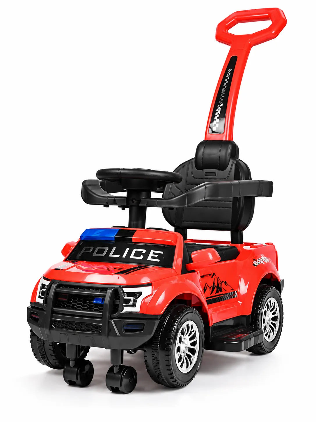 Red kids police ride-on car with a tall push handle, black steering wheel, and safety guard.