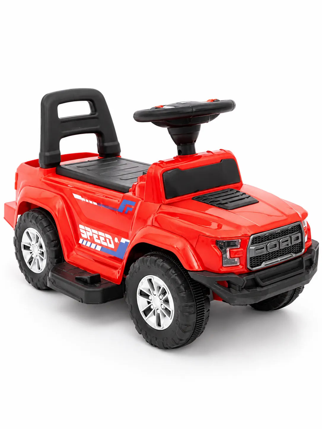 Red kids' ride-on truck toy with black steering wheel and silver wheel rims.Red kids' ride-on truck toy with black steering wheel and silver wheel rims.