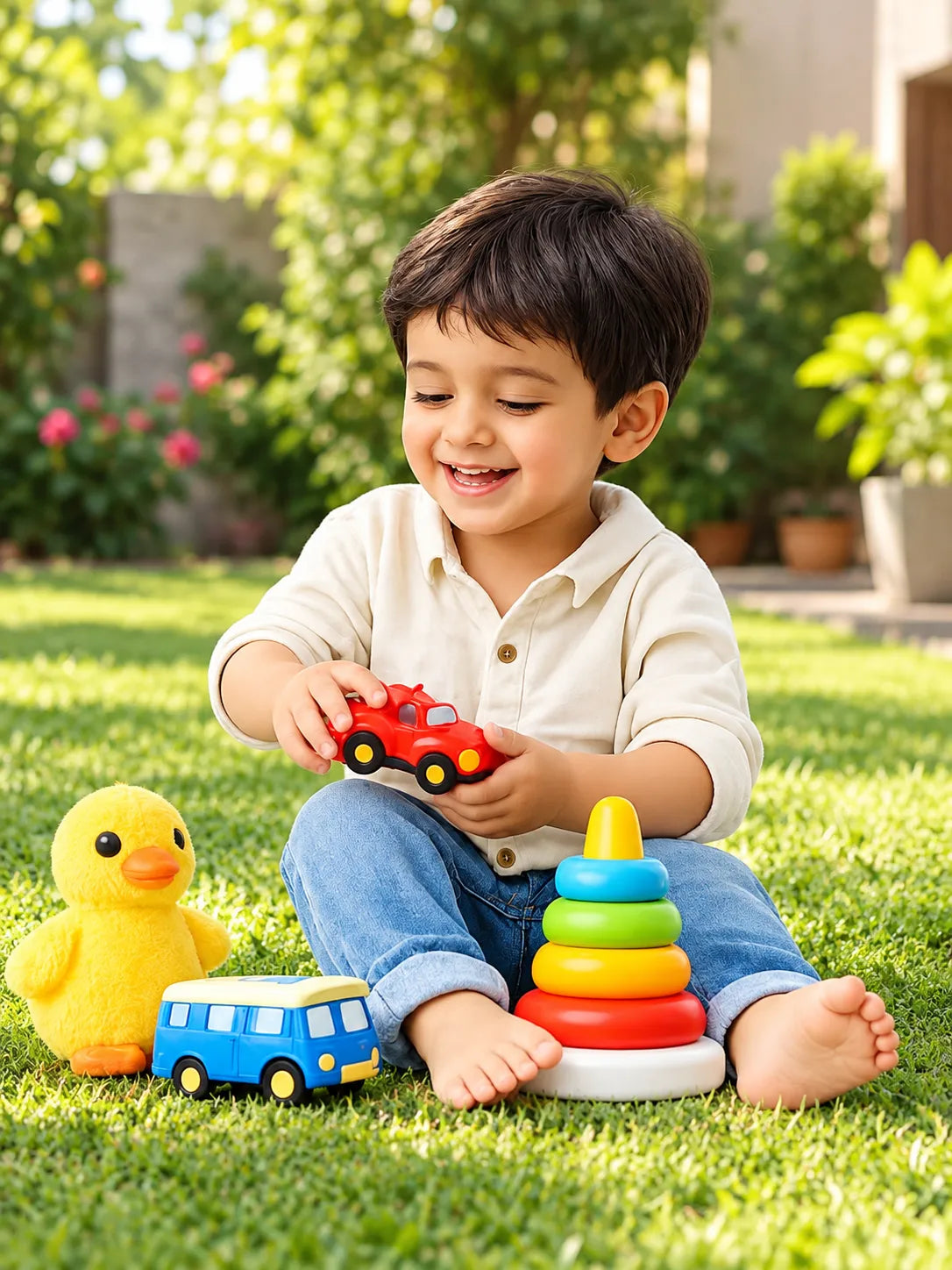 Toddler playset with a teddy bear, yellow dump truck, rainbow stacking rings, and bead maze.