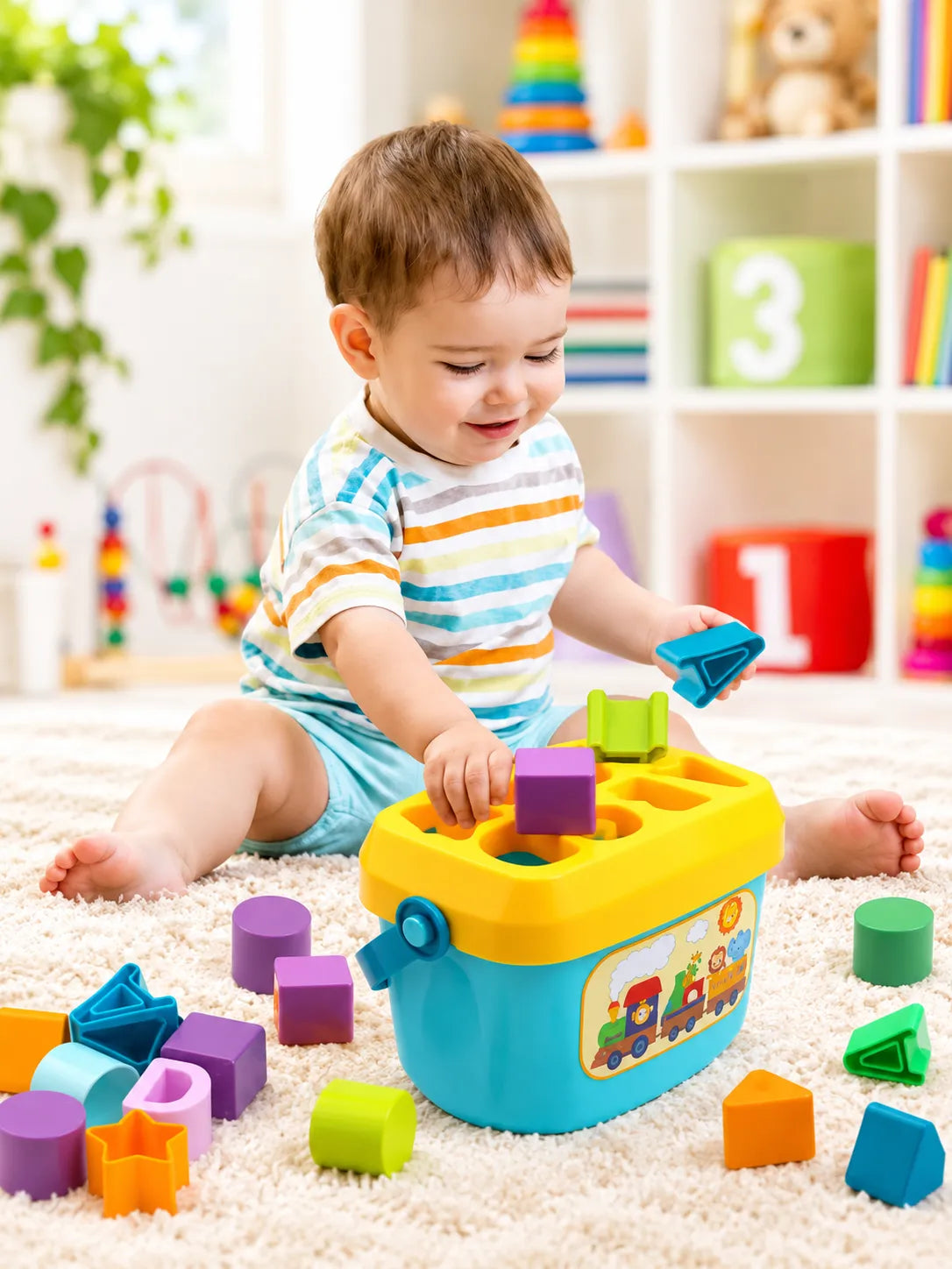 Toddler shape sorting toy featuring a turquoise bucket and bright yellow lid.
