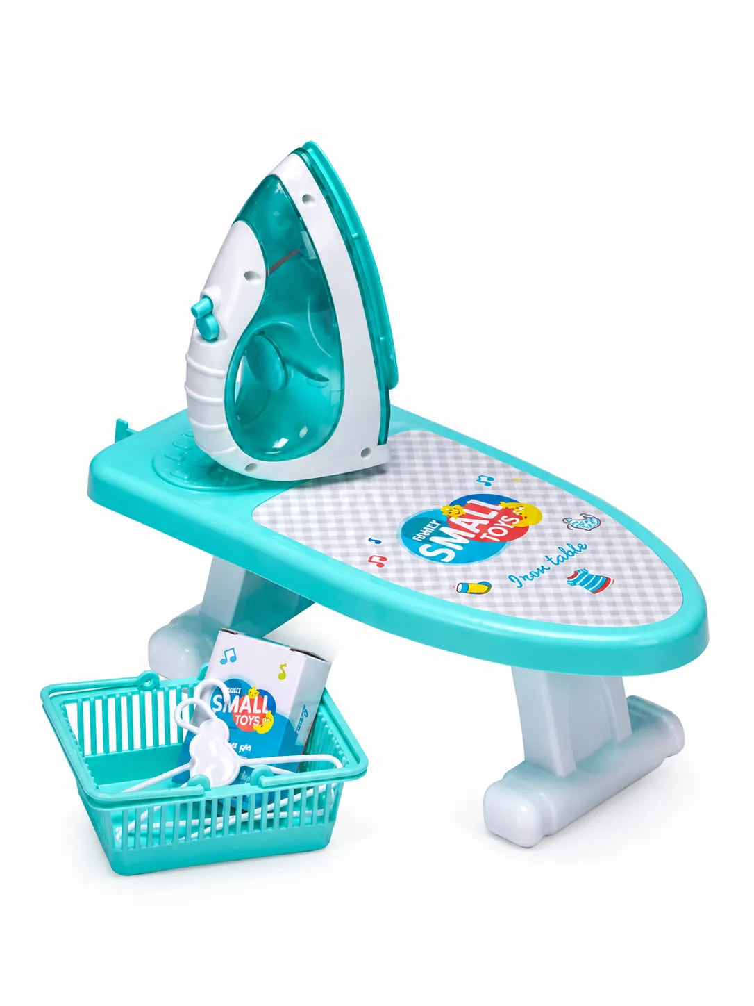 Turquoise and white kids toy ironing set with toy iron and matching ironing board.