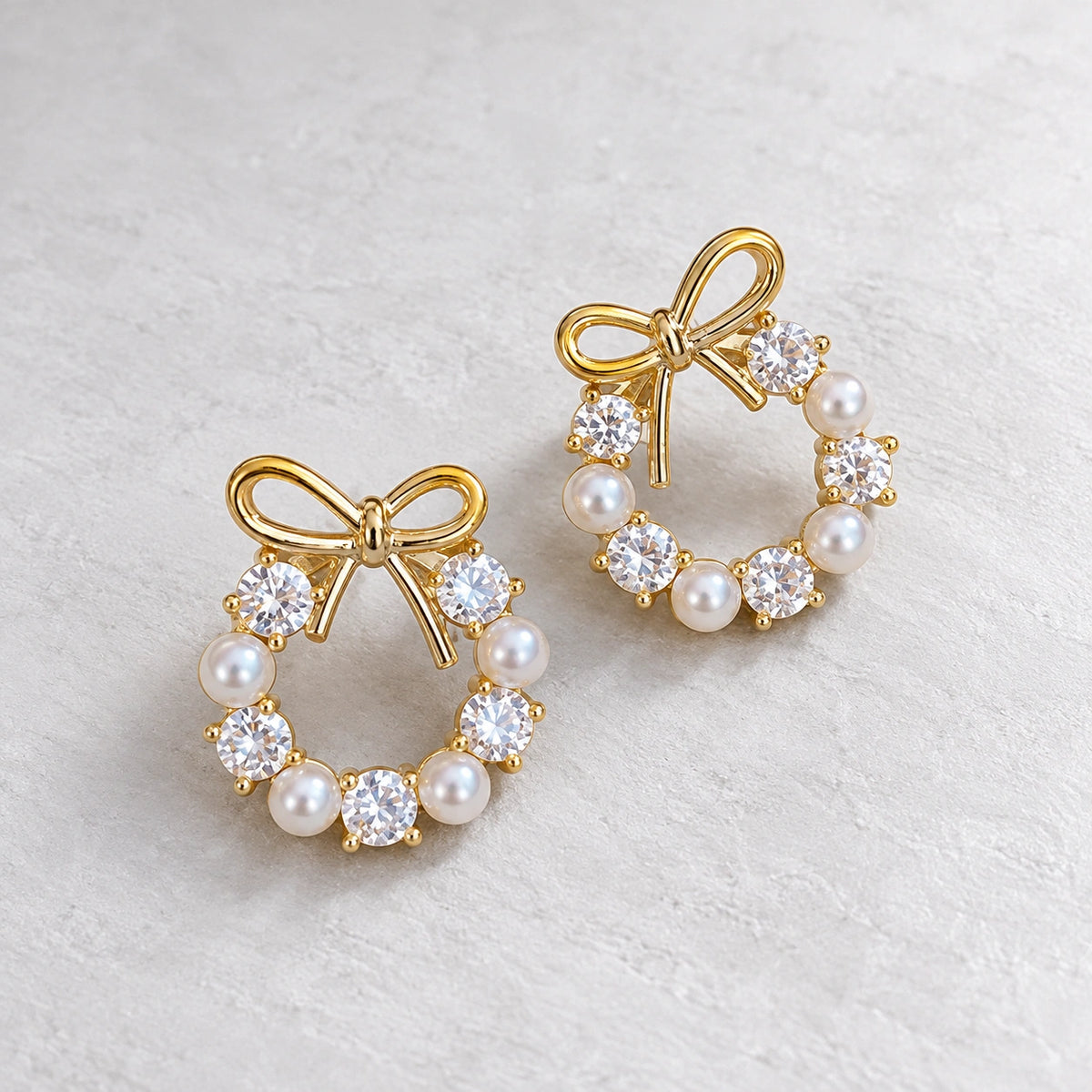 Gold bow pearl and crystal earrings for women