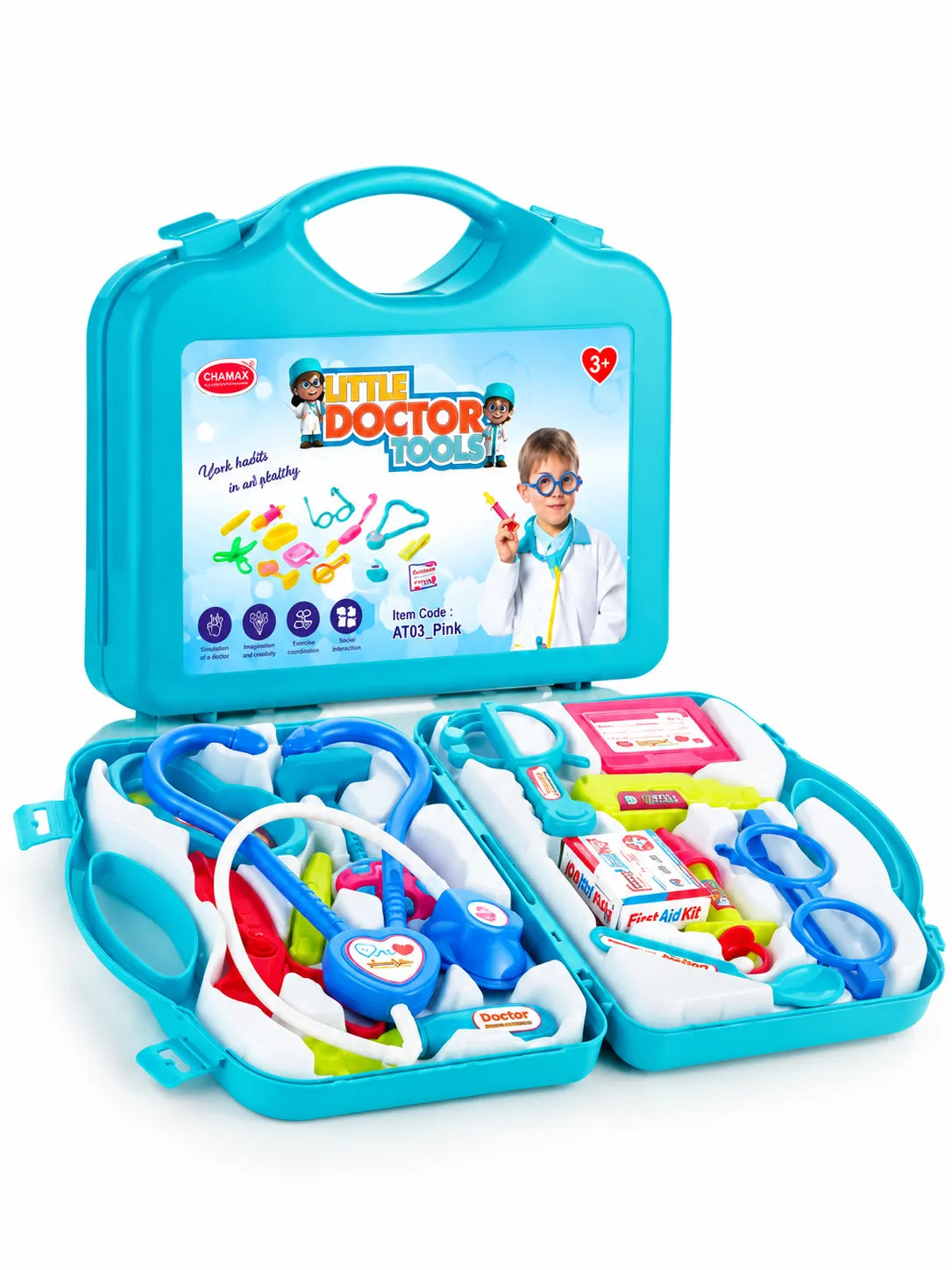 Turquoise kids doctor toy set with a stethoscope, medical tools, and a carrying case.