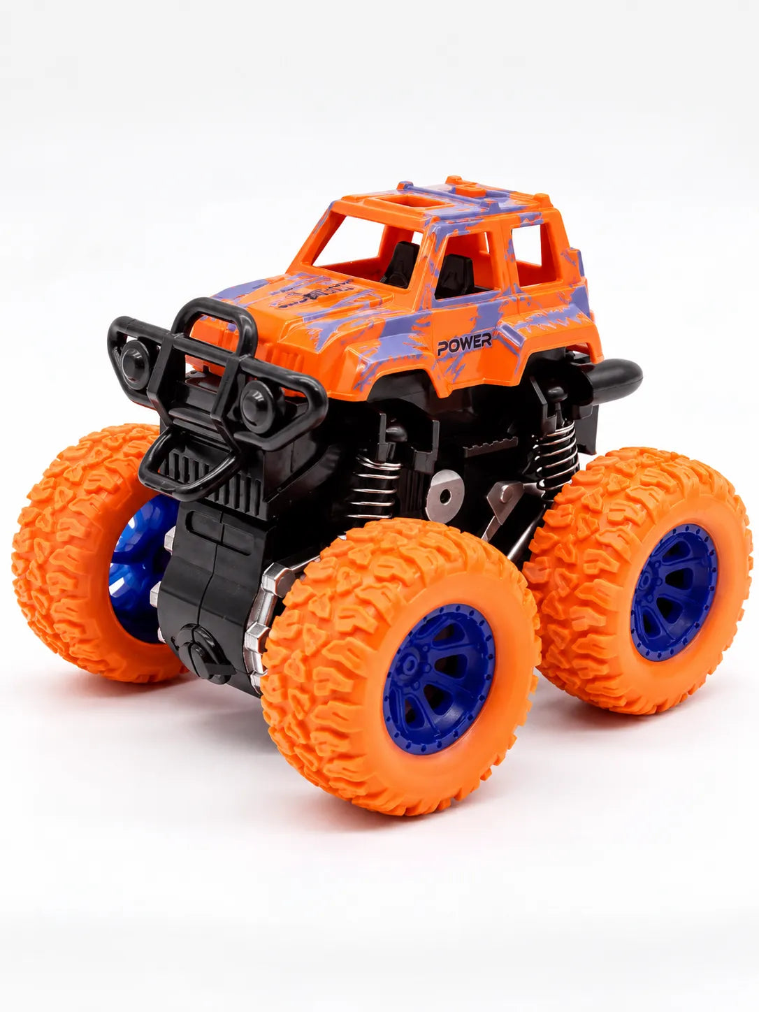 orange kids monster truck toy with oversized blue tires and red rims.