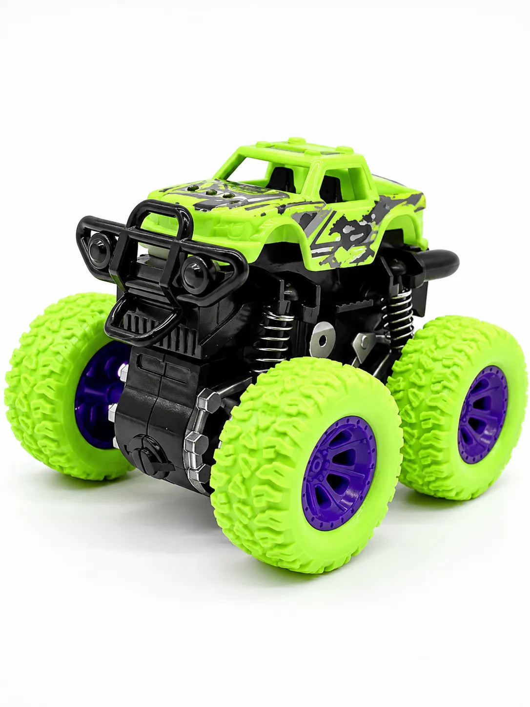 parrot kids monster truck toy with oversized blue tires and red rims.