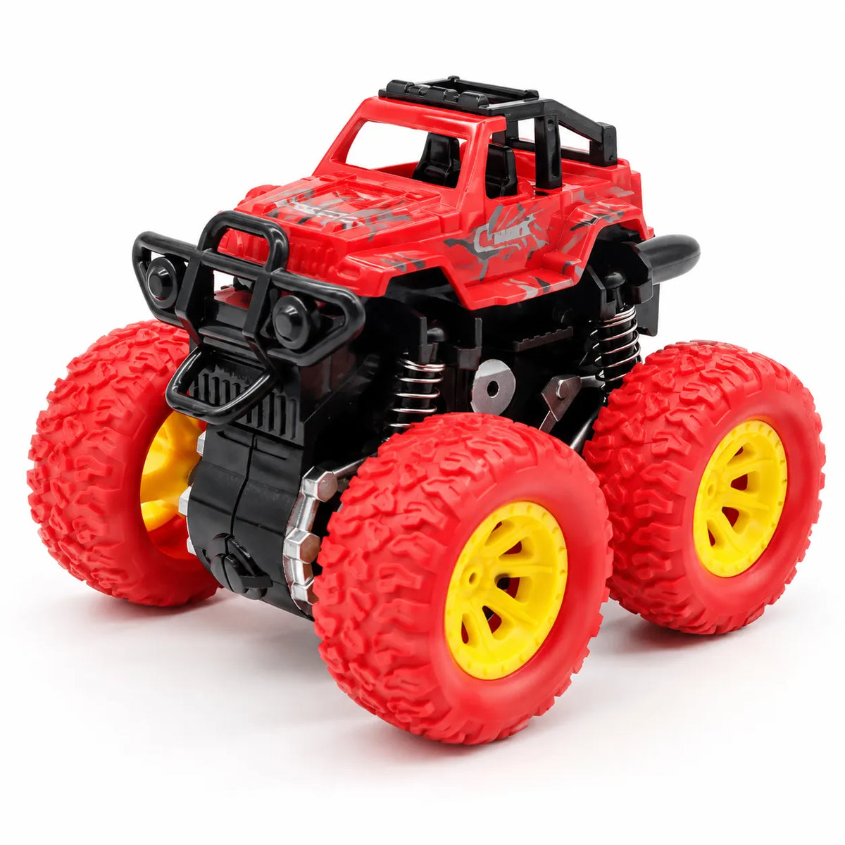 red kids monster truck toy with oversized blue tires and red rims.